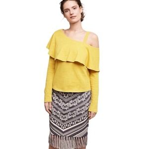 Anthropologie Postmark Mustard Yellow Ruffle Asymmetrical Off Shoulder Top Small